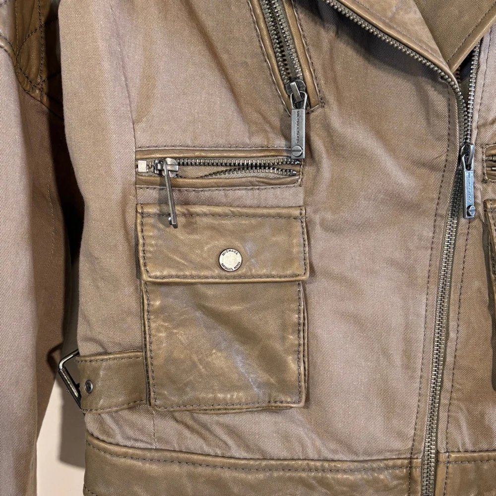 Michael Kors Brown Leather Cotton Moto Jacket Women’s Medium Zippers Pockets